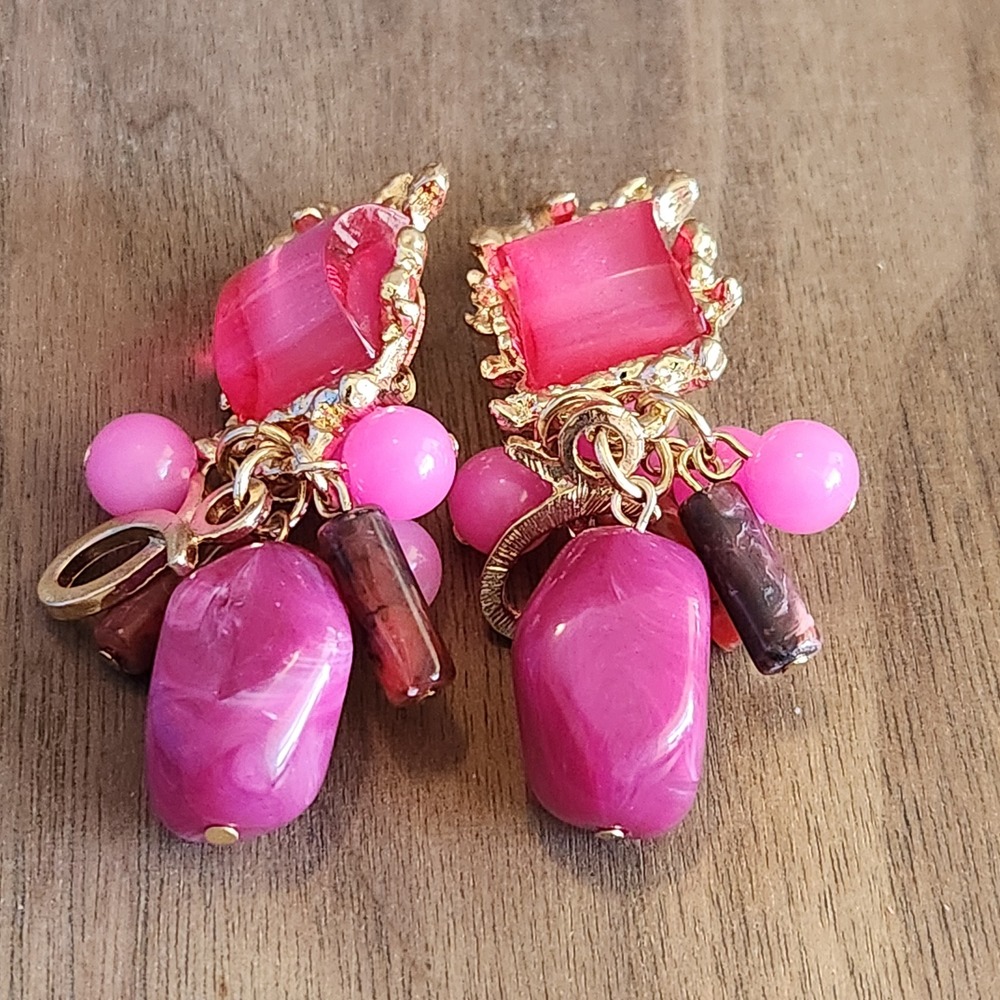 Pink Cluster Drop Clip On Earrings Gold Tone Maximalist Marbled Resin Beads 2in